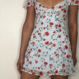Baby blue floral dress with red pops of color 🌺
